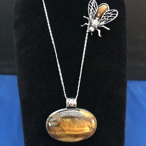 Handmade Tiger Eye Pendant Comes with a Tiger Eye Bee Broach- Necklace Set.